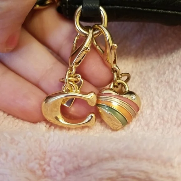 Coach Corner Zip Signature Leather Wristlet Black-Gold tone Hardware- 2 Charms - Picture 2 of 7